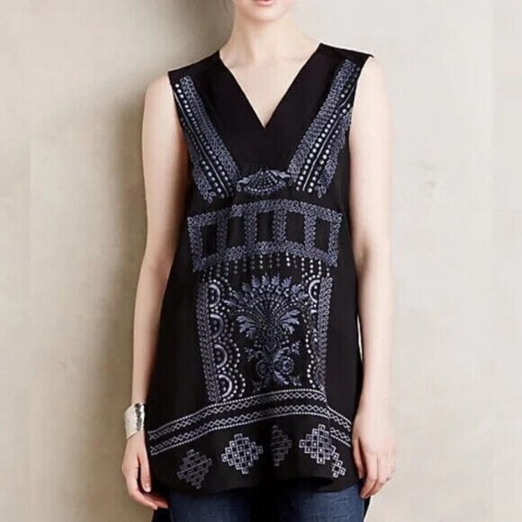Anthropologie Ranna Gill Black Bohemian Tunic Top Hippie Size XS Blouse Printed - Picture 12 of 12